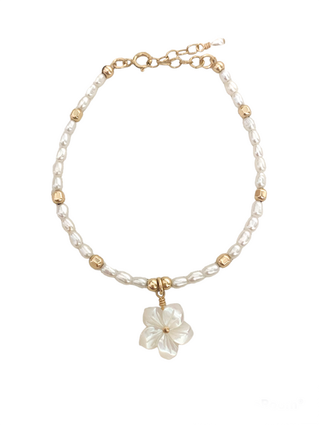Bracelet perles de culture pendentif fleur de nacre en or gold filled 14k