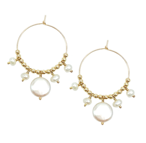 Boucles d'oreilles créoles Tahina en or Gold filled 14k composées de perles rondes et de perles de culture d'eau douce