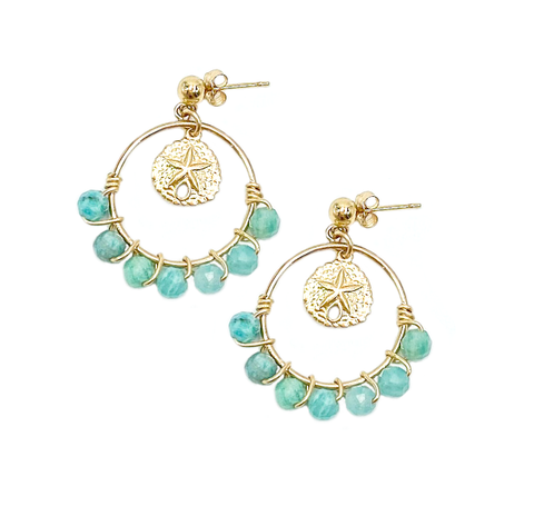 boucles d'oreilles harea en plaque or gold filled 14k composées de pierres semi-précieuses amazonite et de pendentif sand dollar