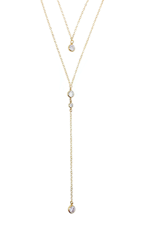 féminin et élégant, le collier de dos ELIA, réalisé en plaqué or Gold filled* 14 carats, est composé de quatre zircons étincelants.