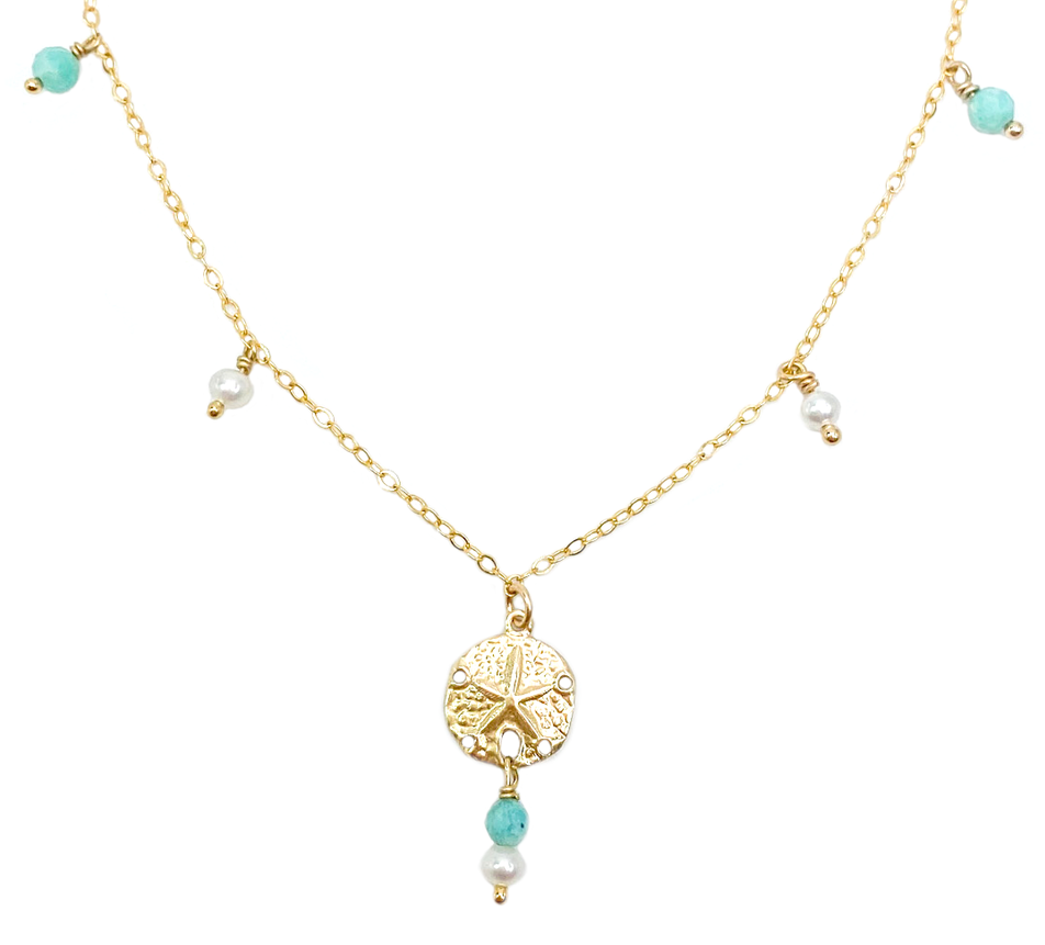 collier en plaqué or gold filled 14k composé de pierres amazonite et de perles de culture d'eau douce. Pendentif sand dollar